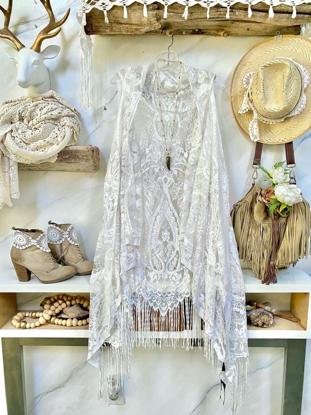Stunning fringe crochet/lace boho asymmetrical vest/cover up vacay beach vibe